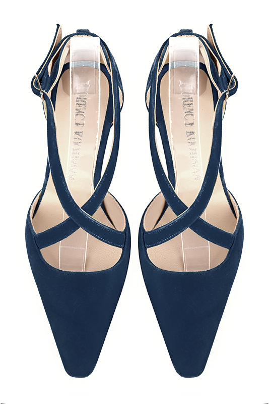 Navy blue women's open side shoes, with crossed straps. Tapered toe. Medium spool heels. Top view - Florence KOOIJMAN